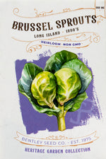 Front of heirloom Long Island Brussels Sprouts Seed Packet.