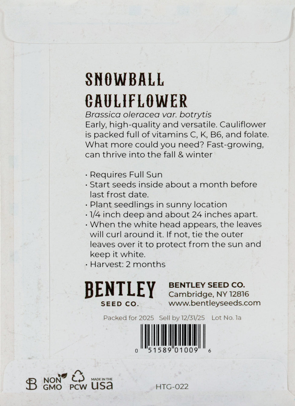 Back of heirloom Snowball Cauliflower Seed Packet with growing instructions.