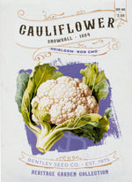 Front of heirloom Snowball Cauliflower Seed Packet.