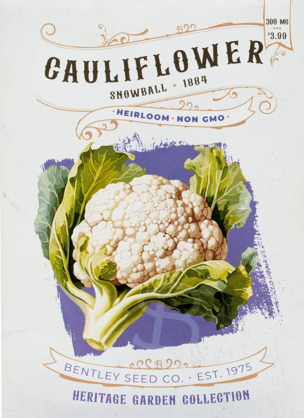 Front of heirloom Snowball Cauliflower Seed Packet.