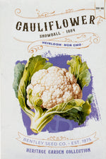Front of heirloom Snowball Cauliflower Seed Packet.