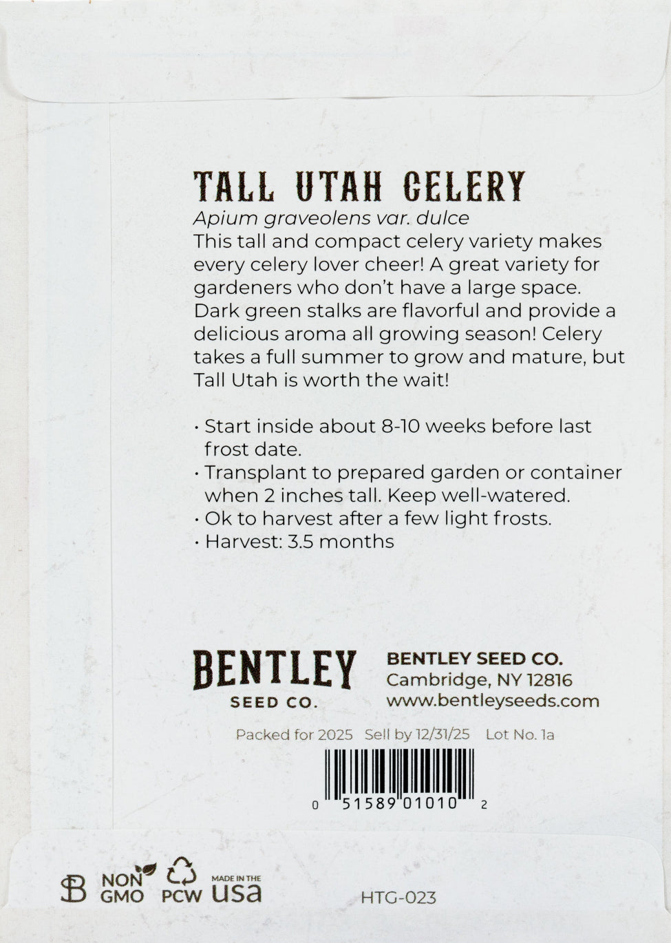Back of heirloom Tall Utah Celery Seed Packet with growing instructions.