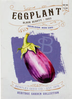 Front of heirloom Black Beauty Eggplant seed packet.
