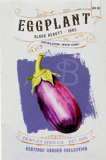 Front of heirloom Black Beauty Eggplant seed packet.