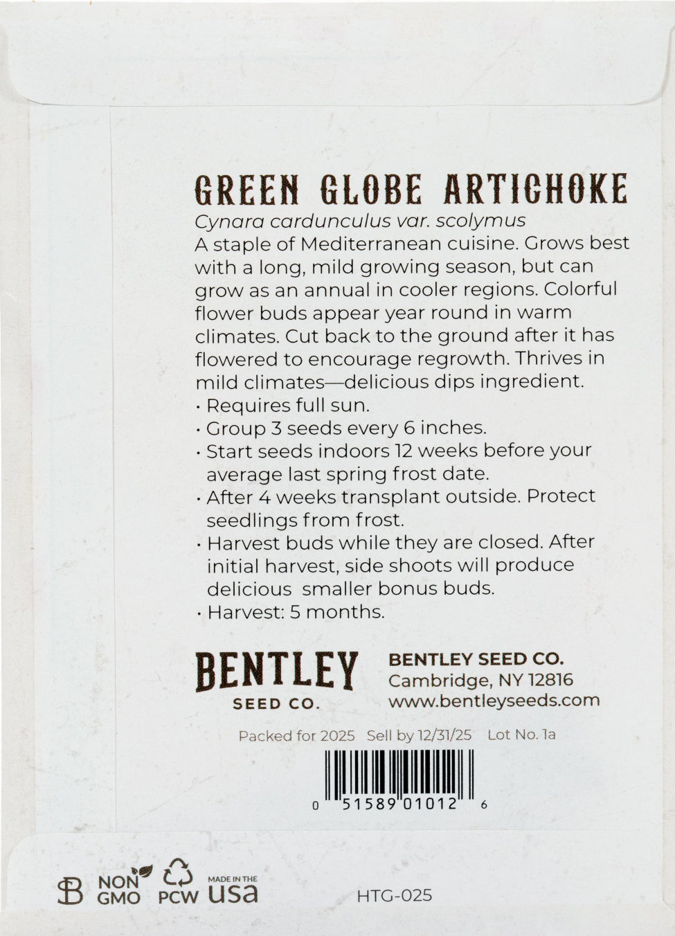 Back of heirloom Green Globe Artichoke seed packet with growing instructions.