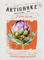 Front of heirloom Green Globe Artichoke seed packet.