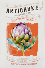 Front of heirloom Green Globe Artichoke seed packet.