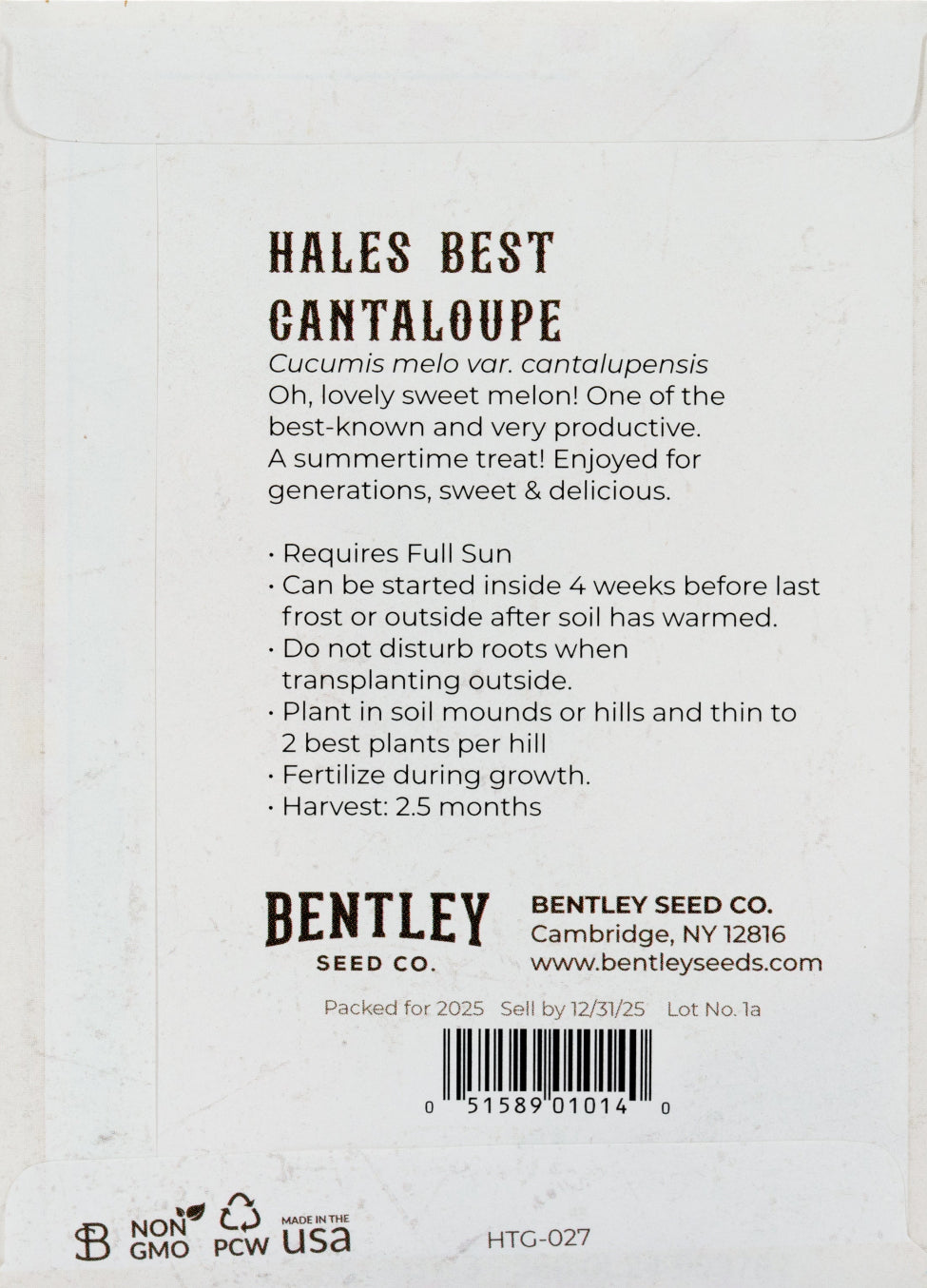 Back of heirloom Hales Best Cantaloupe seed packet with growing instructions.