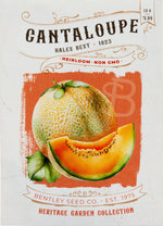 Front of heirloom Hales Best Cantaloupe seed packet.
