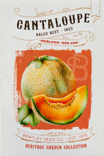 Front of heirloom Hales Best Cantaloupe seed packet.
