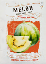 Front of heirloom Honey Dew Melon seed packet.