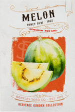 Front of heirloom Honey Dew Melon seed packet.