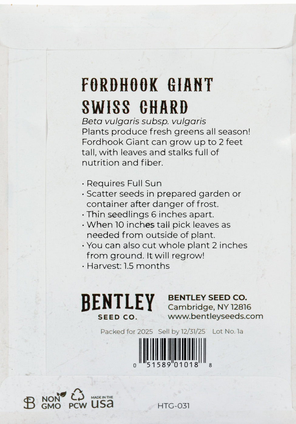 Back of heirloom Fordhook Giant Swiss Chard seed packet with growing instructions.