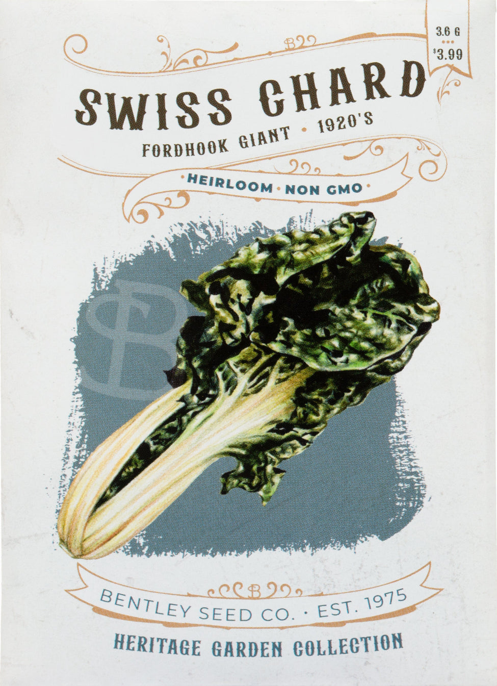 Front of heirloom Fordhook Giant Swiss Chard seed packet.