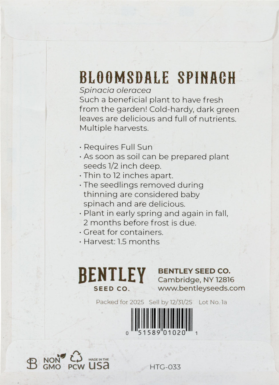 Back of heirloom Bloomsdale Savoy Spinach seed packet with growing instructions.