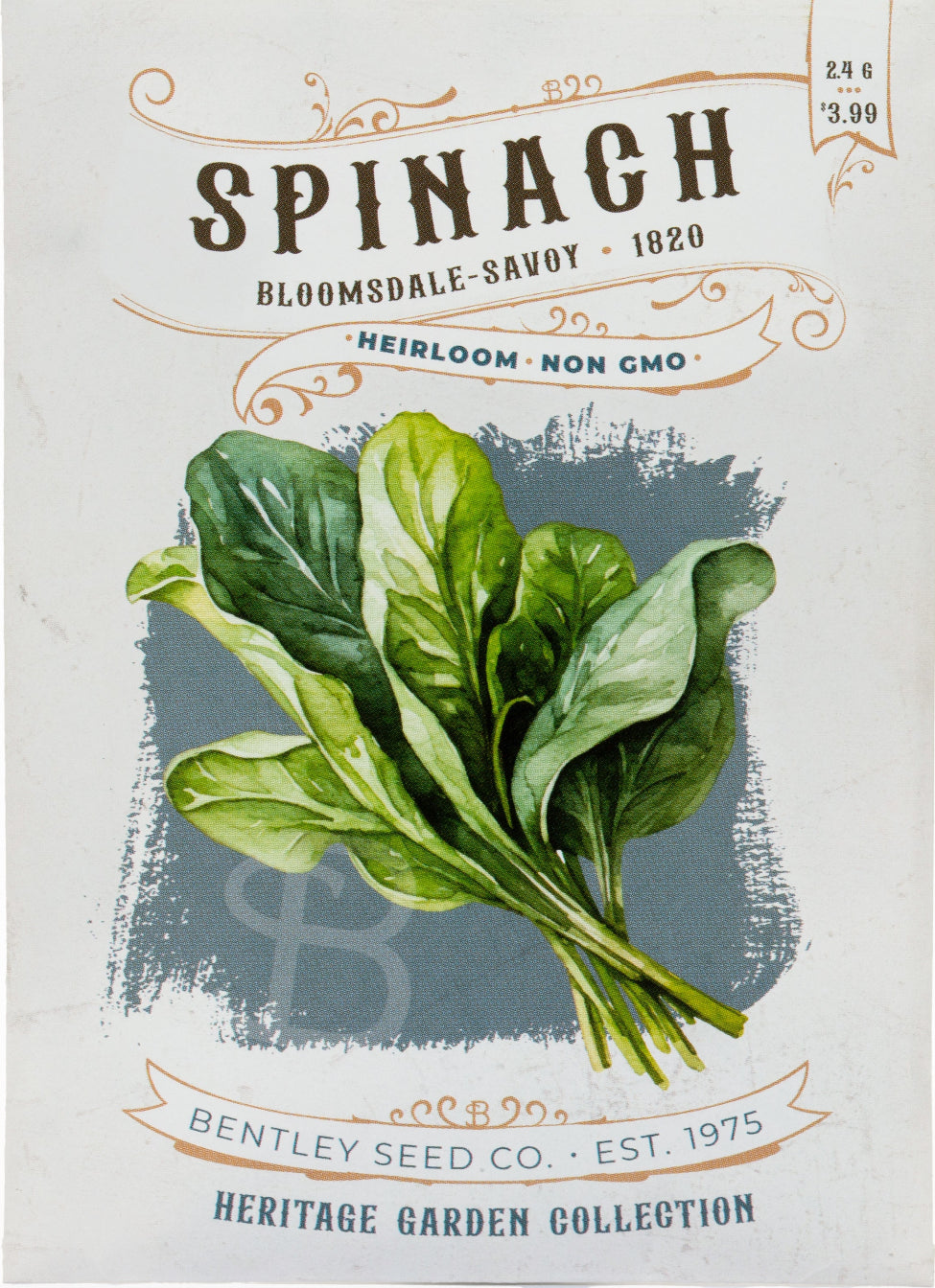 Front of heirloom Bloomsdale Savoy Spinach seed packet.