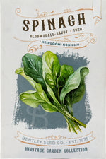 Front of heirloom Bloomsdale Savoy Spinach seed packet.