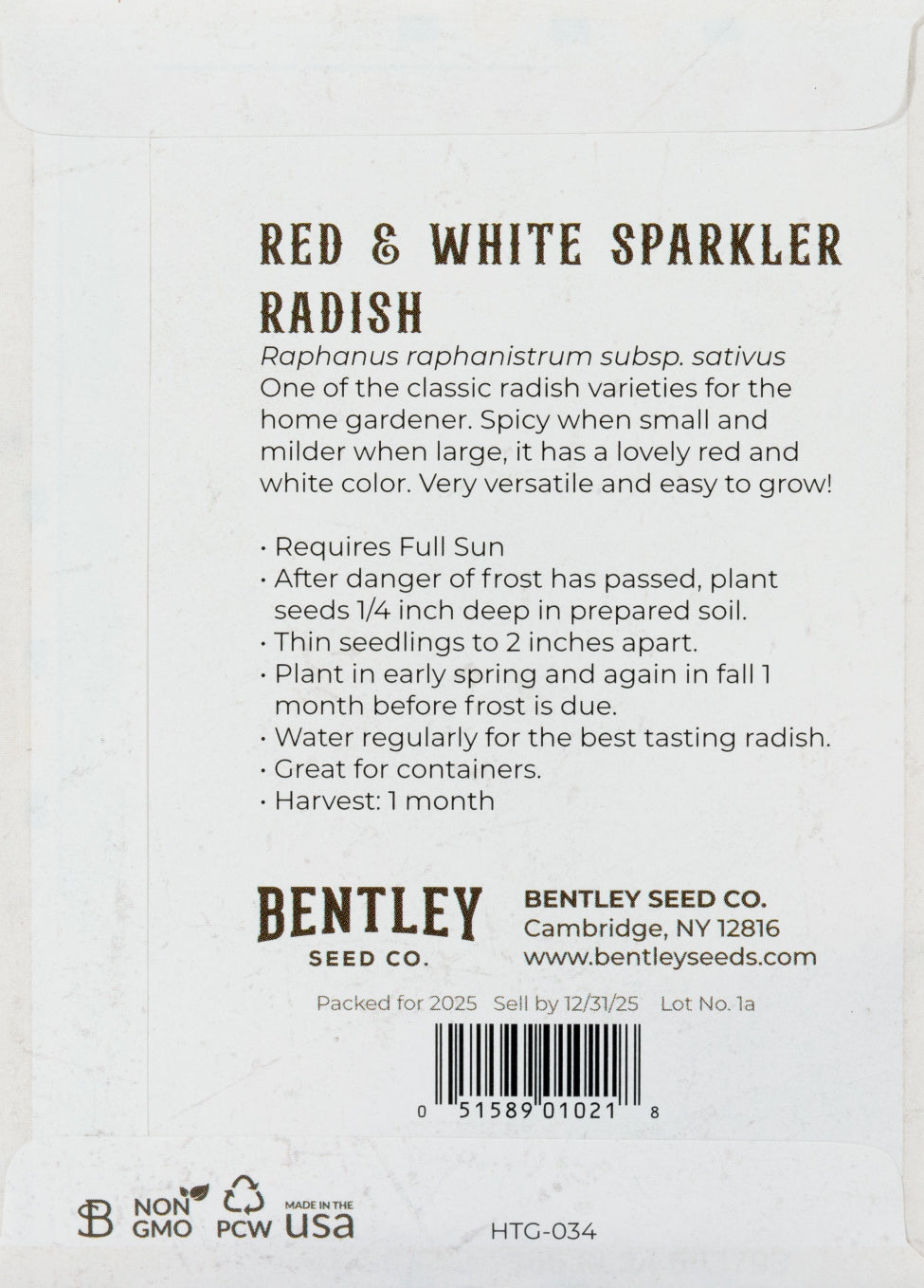 Back of heirloom Sparkler Radish seed packet with growing instructions.