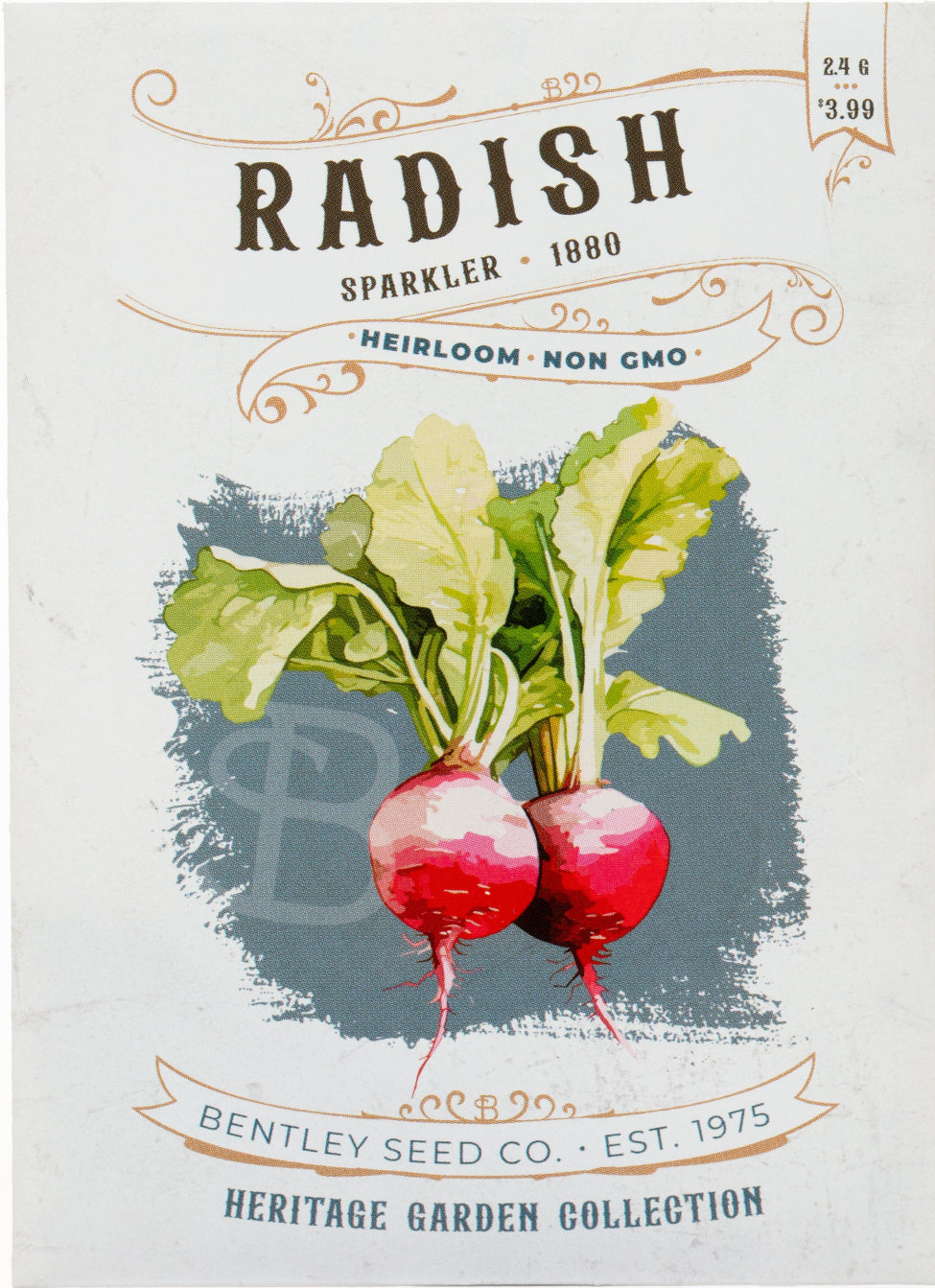 Front of heirloom Sparkler Radish seed packet.
