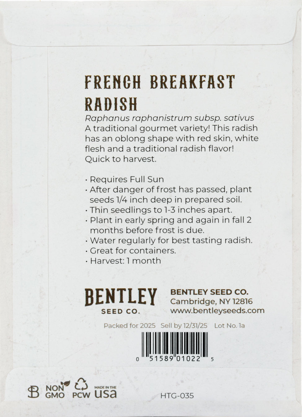 Back of heirloom French Breakfast Radish seed packet with growing instructions.