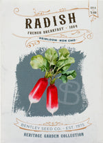 Front of heirloom French Breakfast Radish seed packet.