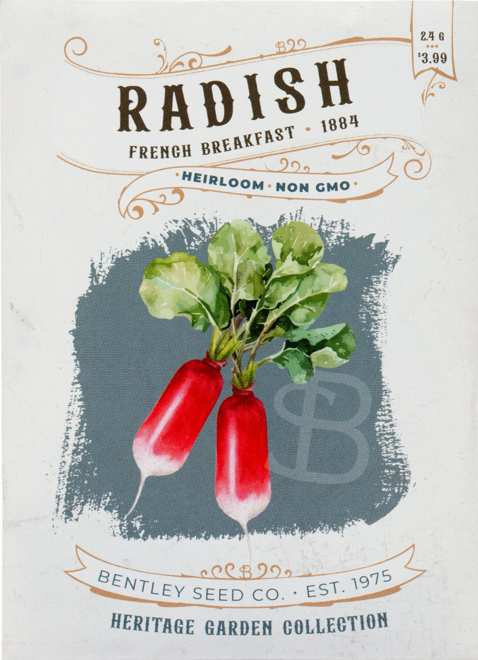 Front of heirloom French Breakfast Radish seed packet.