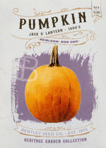 Front of Jack O' Lantern pumpkin heirloom seed packet.