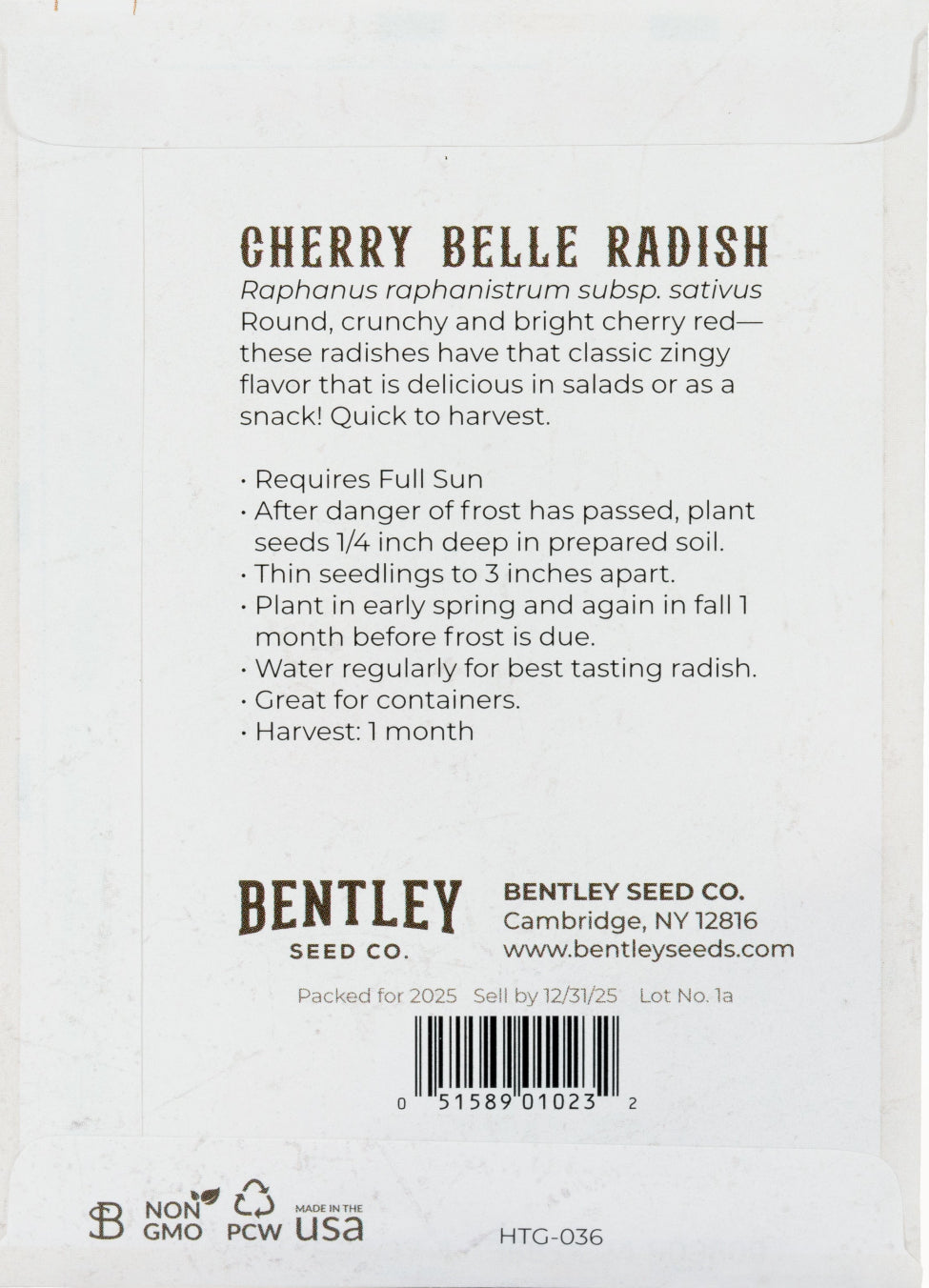 Back of heirloom Cherry Belle Radish seed packet with growing instructions.