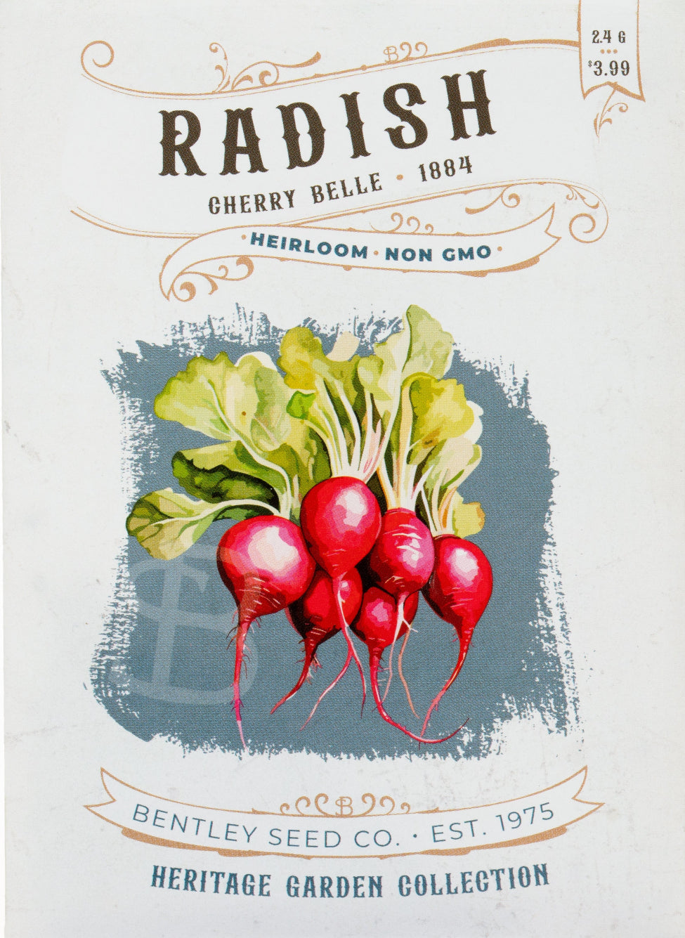 Front of heirloom Cherry Belle Radish seed packet.
