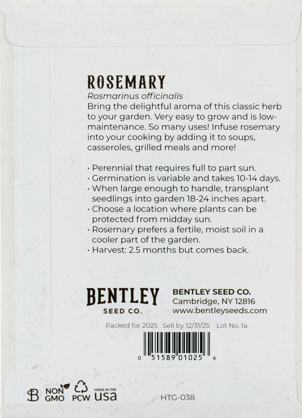 Back of heirloom Rosemary-500 BC seed packet with growing instructions.