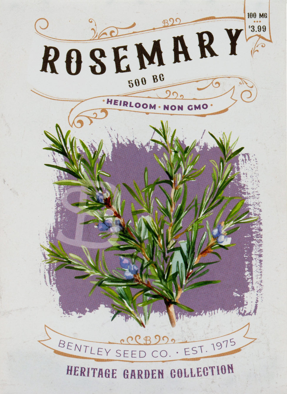 Front of heirloom Rosemary-500 BC seed packet.