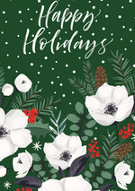 Holiday card with white flowers, green leaves, red berries, and 'Happy Holidays' text on a green background.