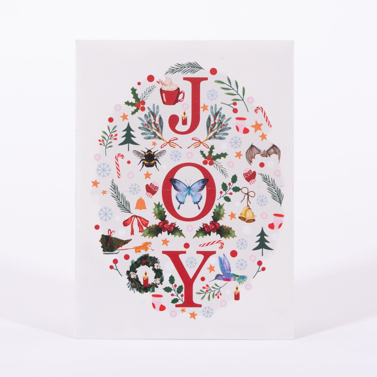 Decorative poster with 'JOY' surrounded by Christmas-themed illustrations on a white background