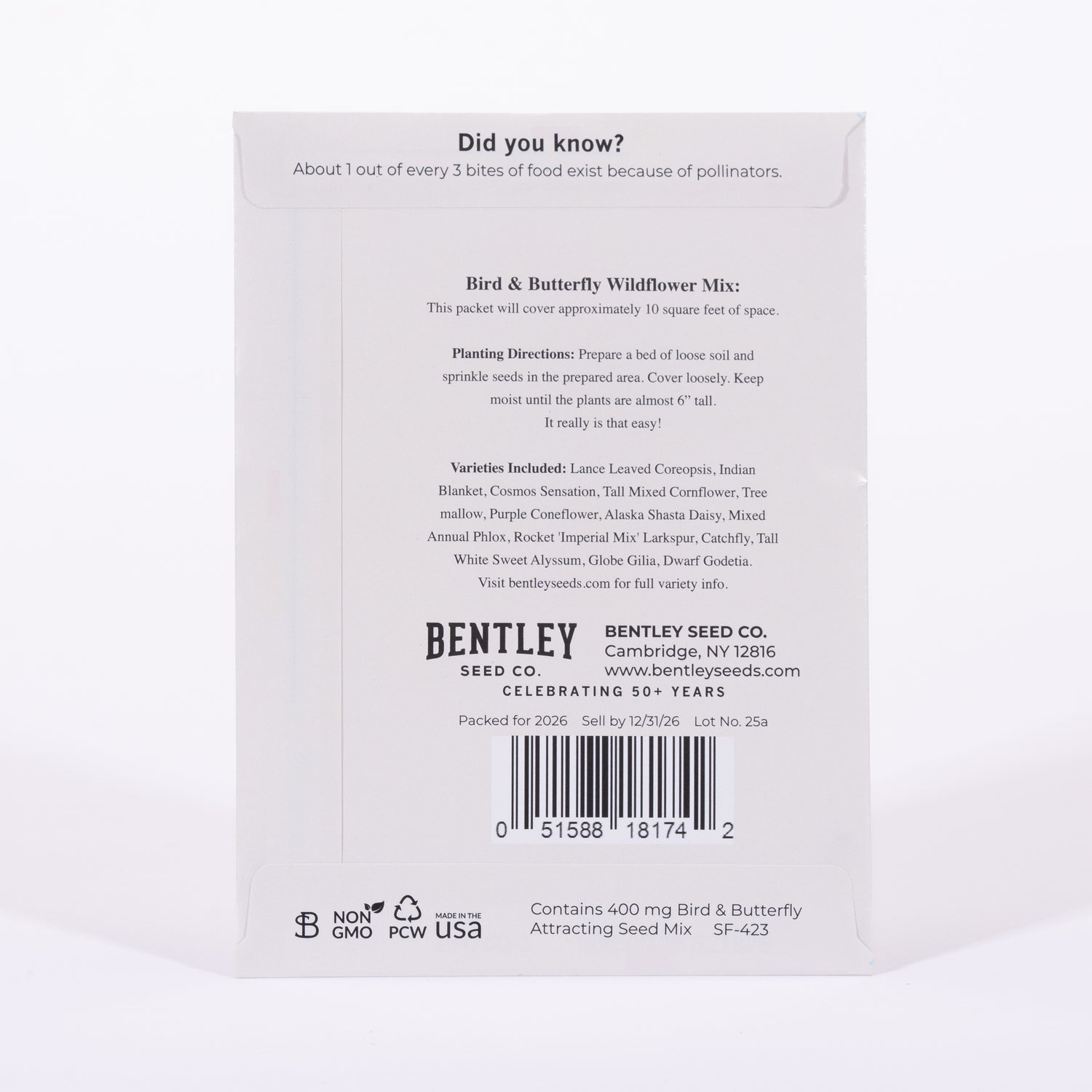 Back of a seed packet with text and branding for Bentley Seed Co.