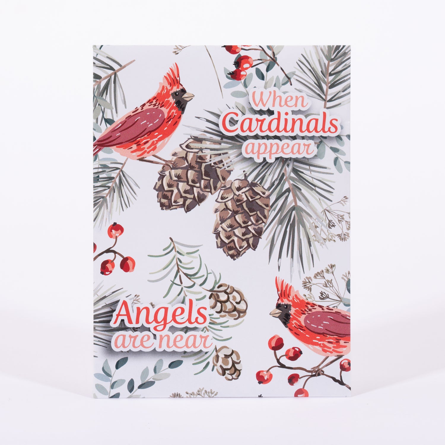 Seed Packet with cardinals, pinecones, and berries on a white background