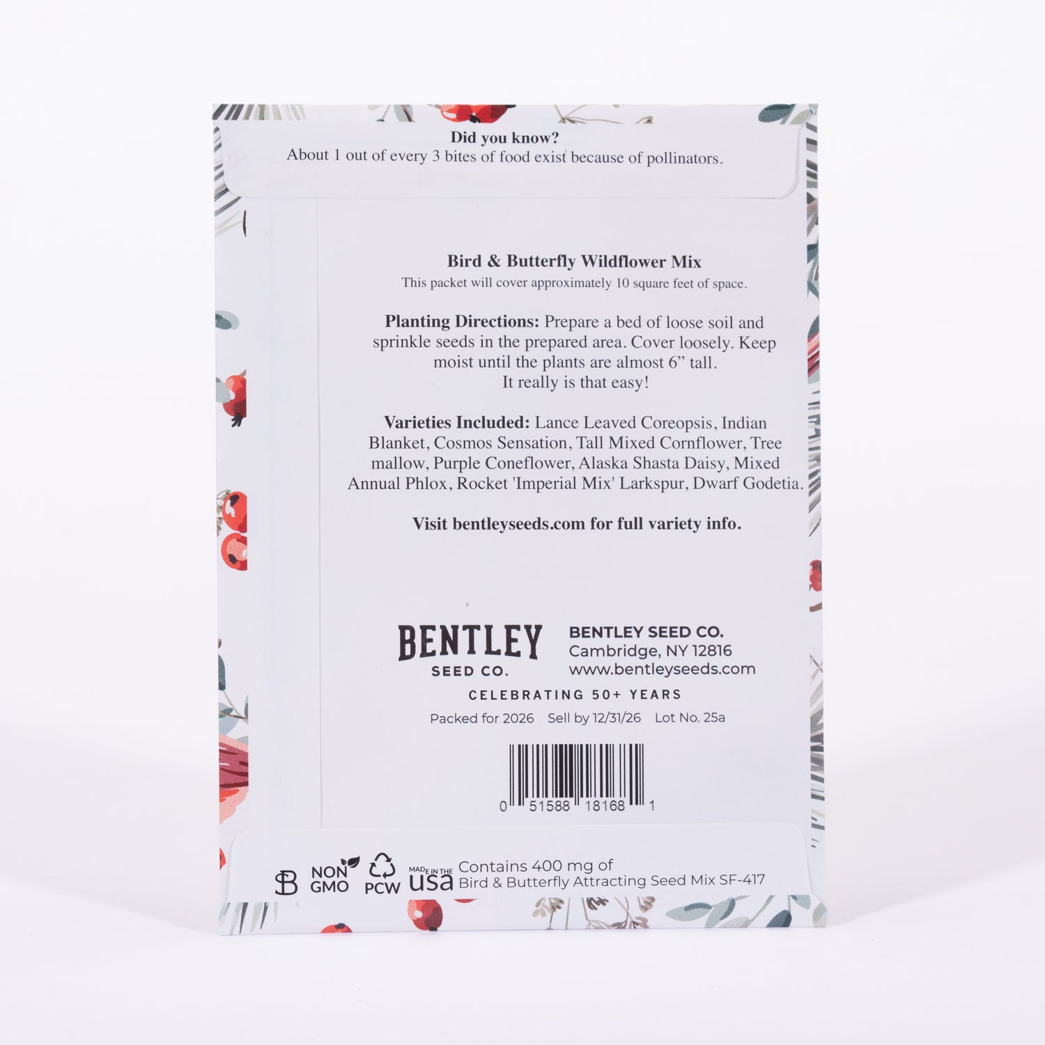 Back of a seed packet with planting directions and Bentley Seed Co. branding.