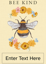 Yellow texture patterned seed packet with an illustration of a bee and flowers, and a customizable label area on the front displaying placeholder text ‘Enter Text Here’