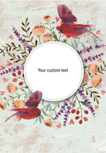 Floral design with red birds and a customizable text area on a light background