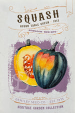 Front of heirloom acorn squash seed packet.