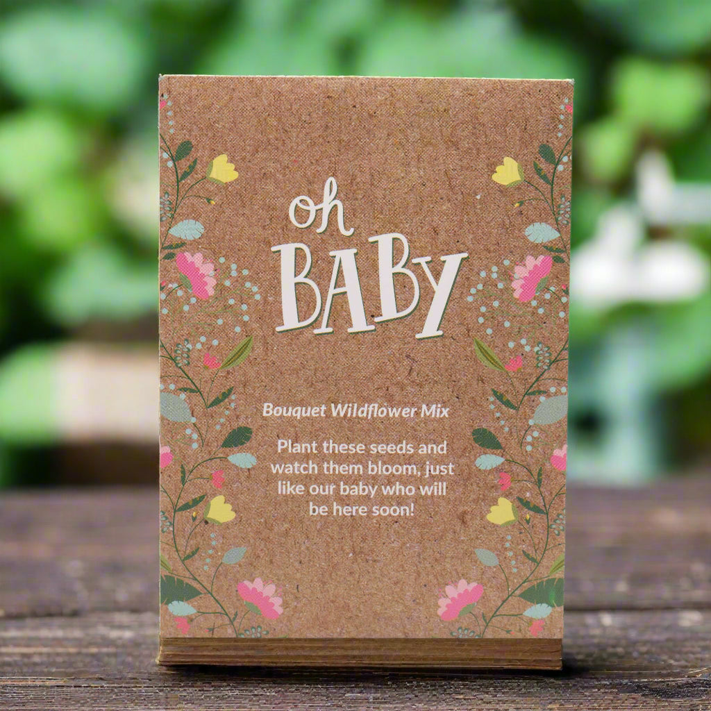 seed packet baby shower celebration card on brown background