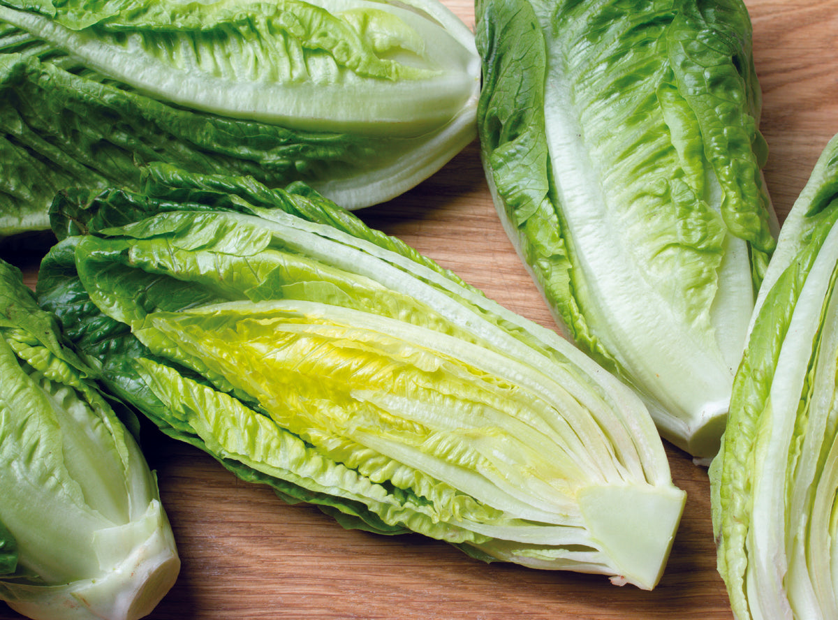 Romaine lettuce on rustic wooden table.