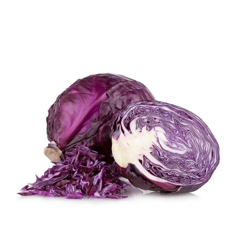 Sliced red cabbage on a white background.