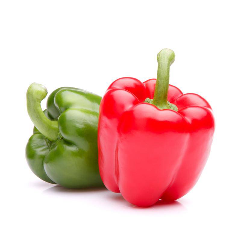 A red pepper and a green pepper on a white background.