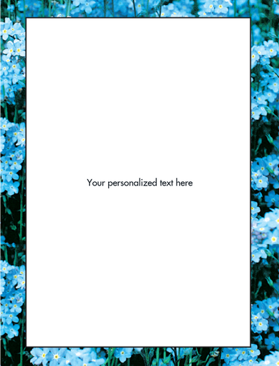 White card with blue flowers border on a white background
