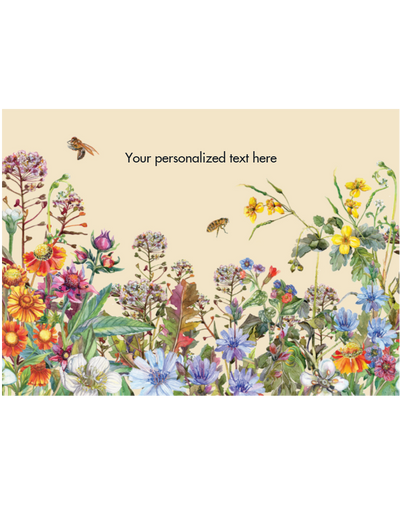 Decorative card with colorful flowers and bees on a beige background