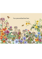Decorative card with colorful flowers and bees on a beige background