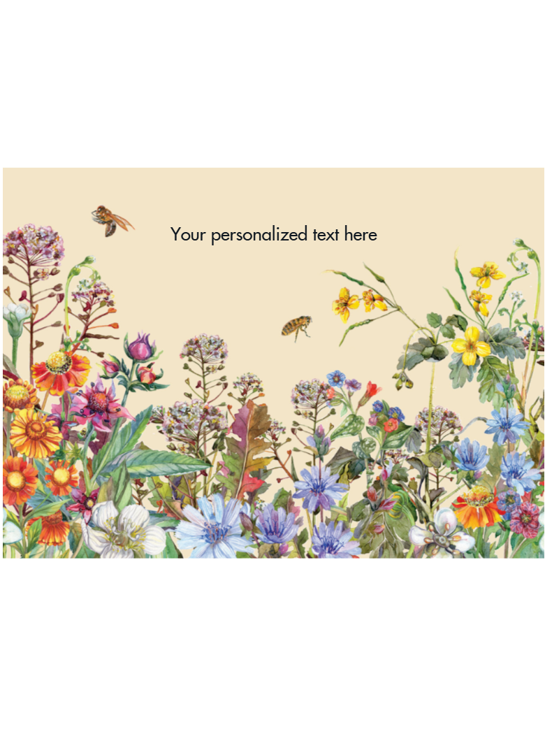 Decorative card with colorful flowers and bees on a beige background