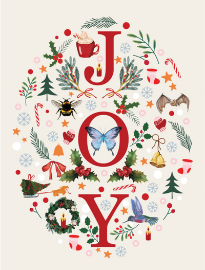 Decorative Christmas-themed design with 'JOY' surrounded by festive elements on a white background.