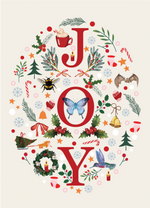 Decorative Christmas-themed design with 'JOY' surrounded by festive elements on a white background.
