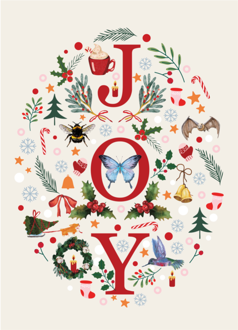 Decorative Christmas-themed design with 'JOY' surrounded by festive elements on a white background.